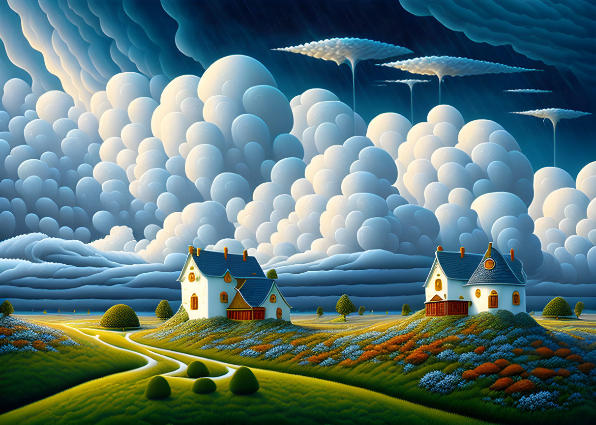 Surreal landscape with bulbous clouds, rolling hills, quaint houses.