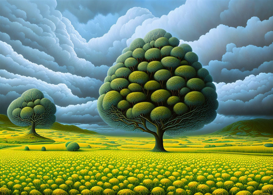 Surreal landscape with oversized broccoli-like trees on undulating hills