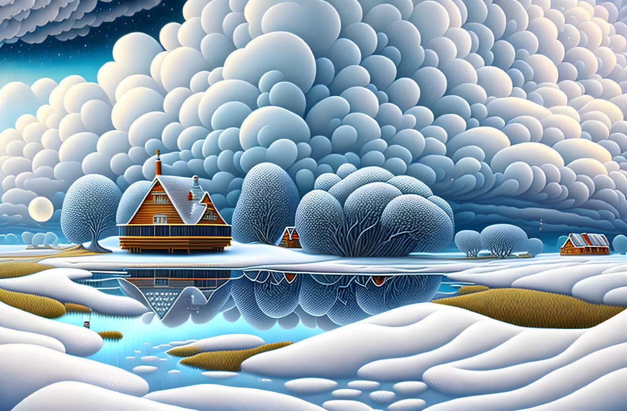 Surreal winter landscape with fluffy clouds, reflective lake, snow-covered trees