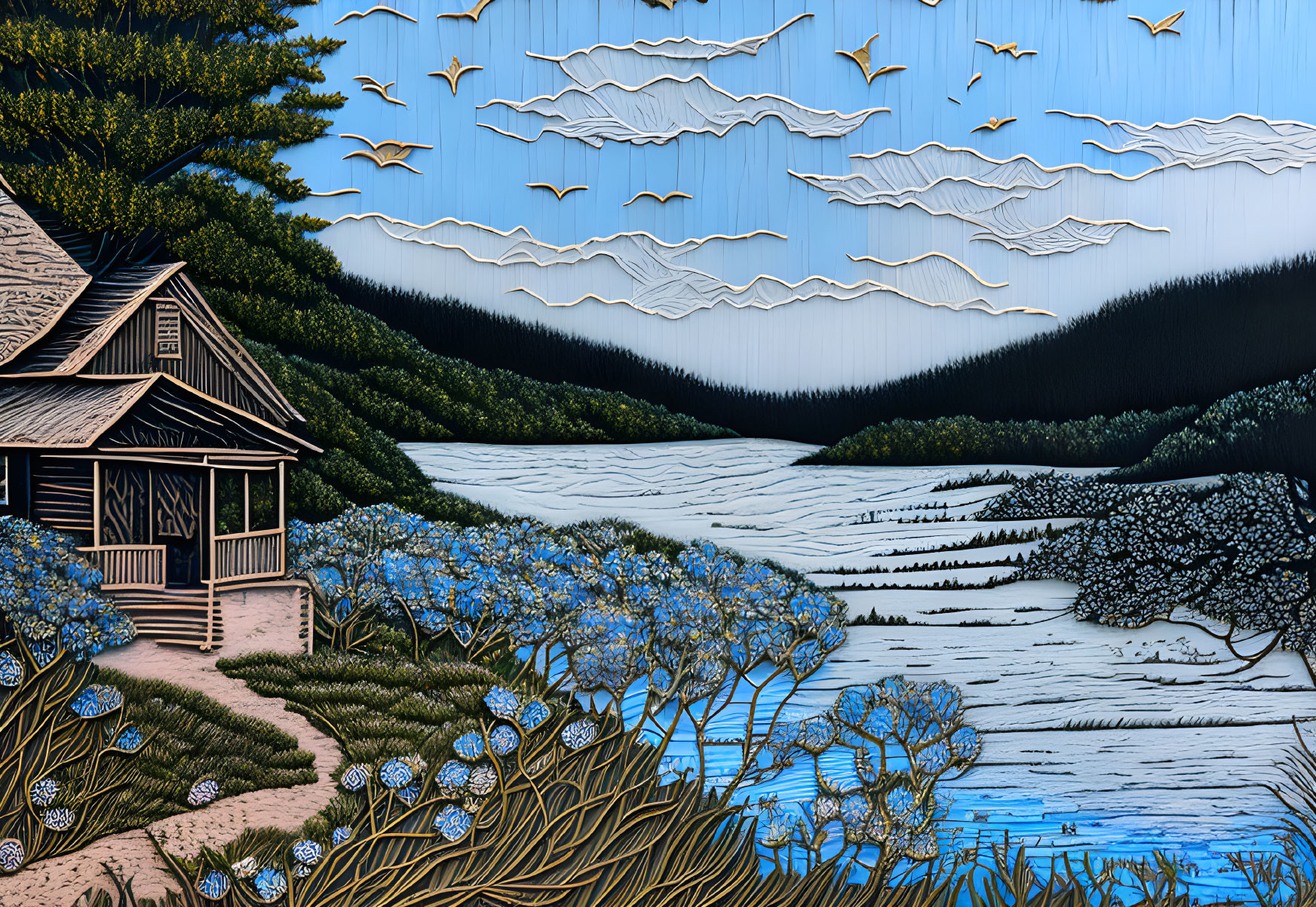 Stylized landscape with wooden cottage, rolling hills, blue trees, and birds in patterned sky