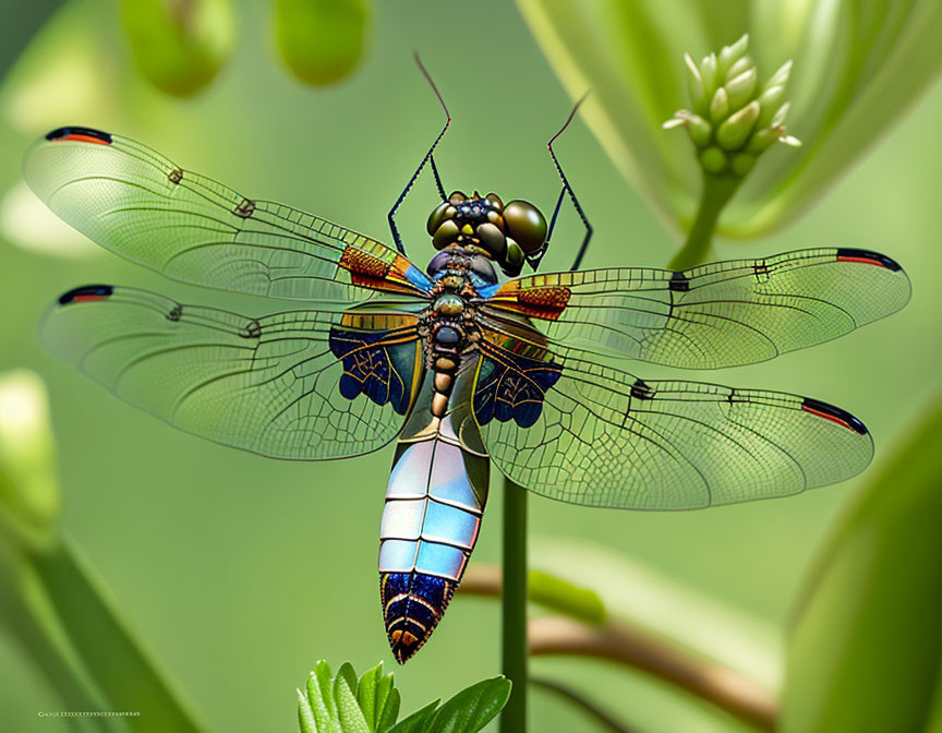 Colorful Dragonfly with Intricate Wing Patterns Resting on Green Plant