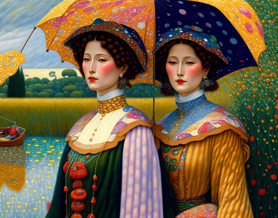 Stylized women in Renaissance attire with colorful umbrellas in rural landscape