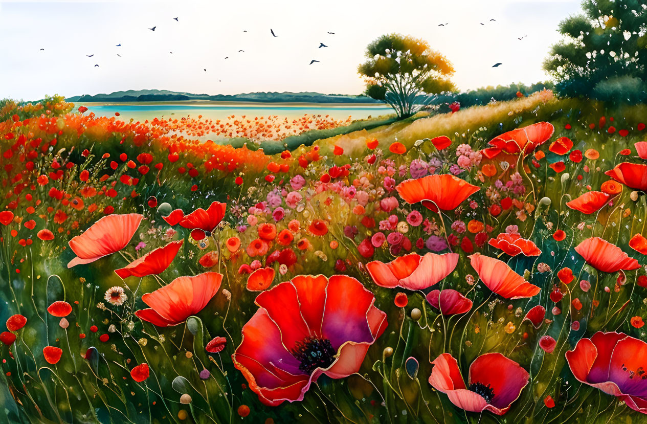 Colorful Poppy Field Painting with Birds in Tranquil Countryside