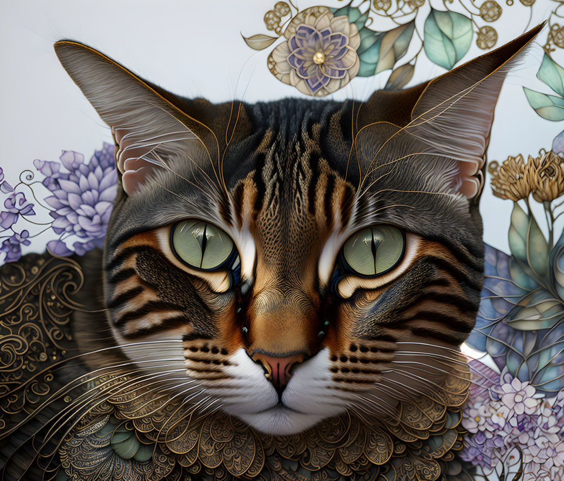 Detailed Digital Artwork: Cat with Amber Eyes & Floral Filigree