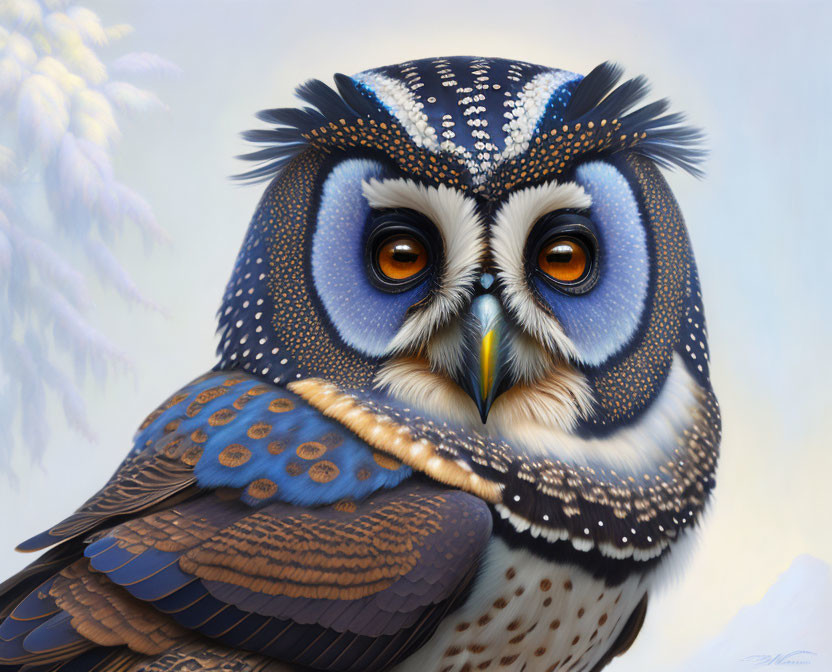 Detailed Owl Illustration: Orange Eyes, Blue-Gray Feathers, White & Tan Spots