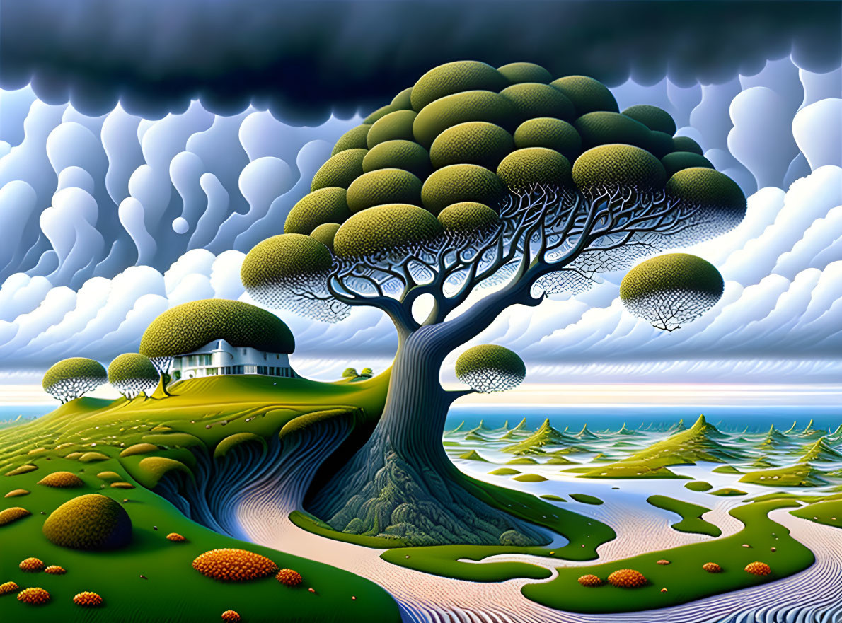 Surreal landscape with stylized tree, hilltop house, undulating fields, and patterned