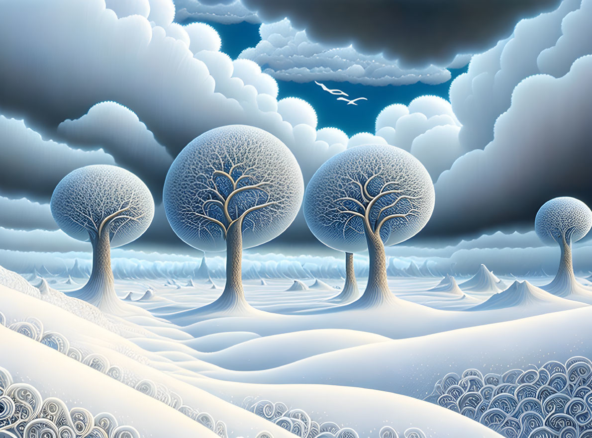 Surreal snowy landscape with stylized tree-like forms under a blue sky.