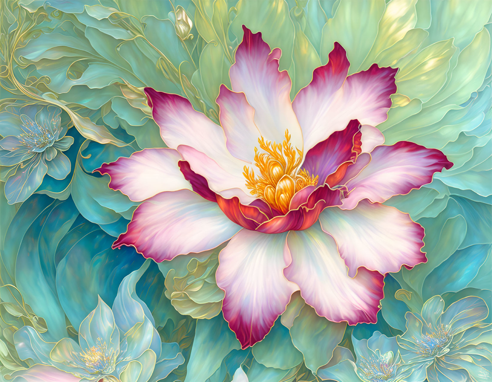 Colorful digital artwork: Large blooming flower with white and pink petals edged in red