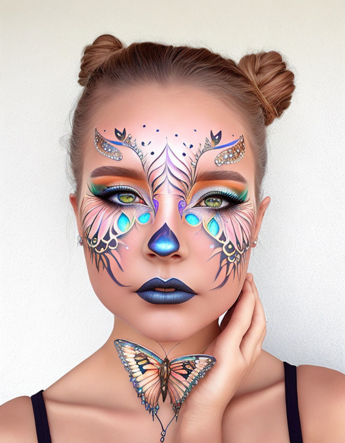 Intricate butterfly-themed face makeup with vibrant colors and patterns