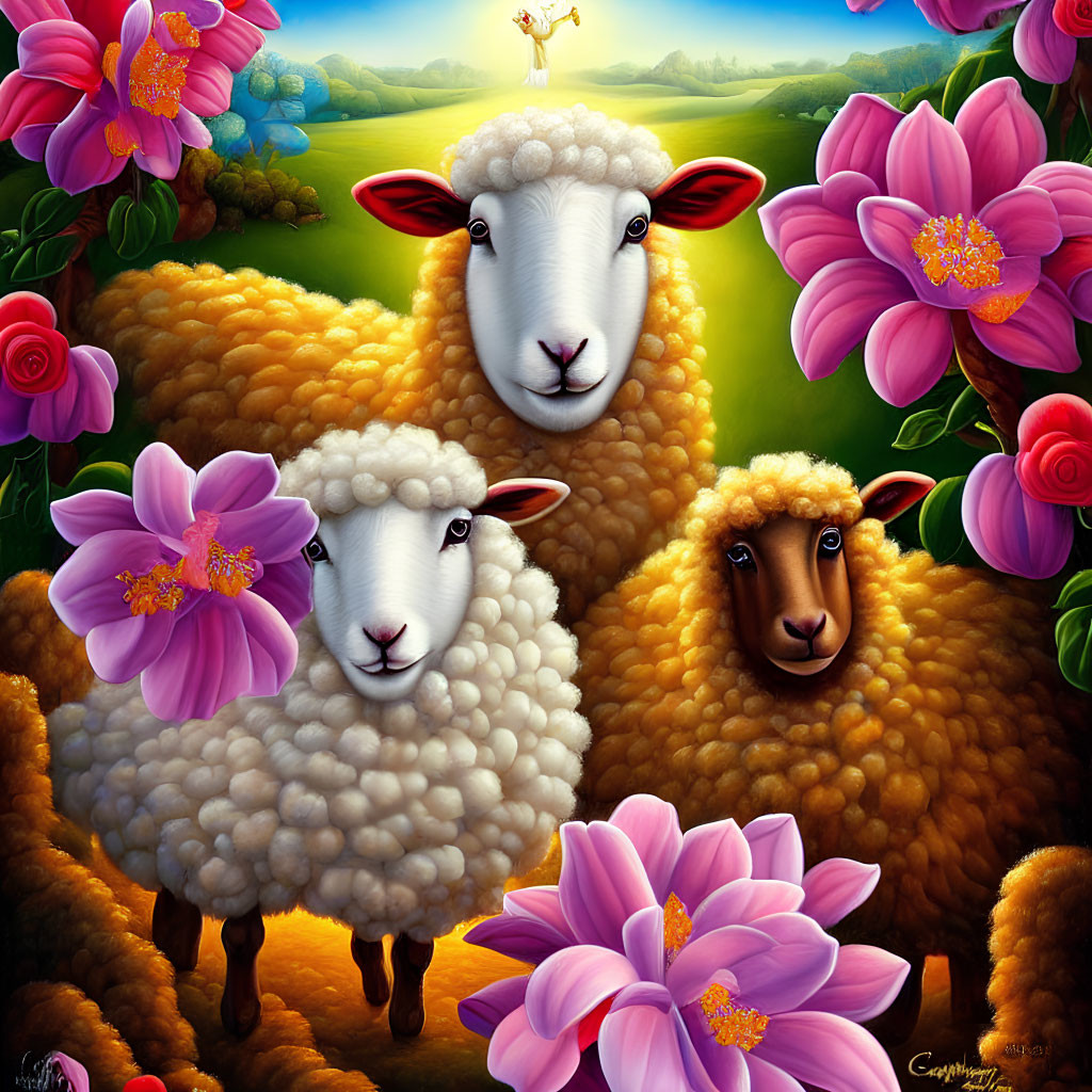 Cartoon sheep in pink flower field under clear sky