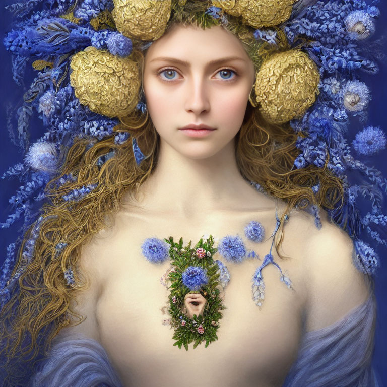 Woman with Blue and Gold Flower Adornments and Berry Wreaths in Hair