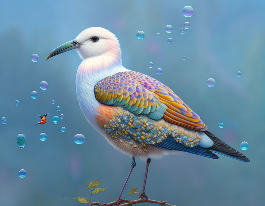 Colorful fantastical bird on twig with iridescent feathers and floating bubbles