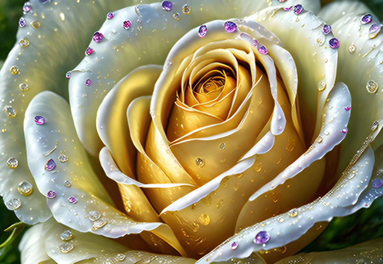 Yellow rose with water droplets and sparkling particles.