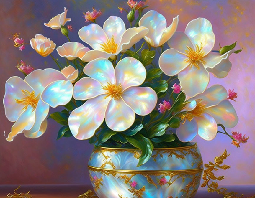 Iridescent White Flowers in Blue and Gold Vase