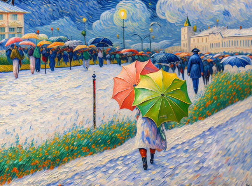 Colorful Impressionist Painting of People with Umbrellas Walking in City