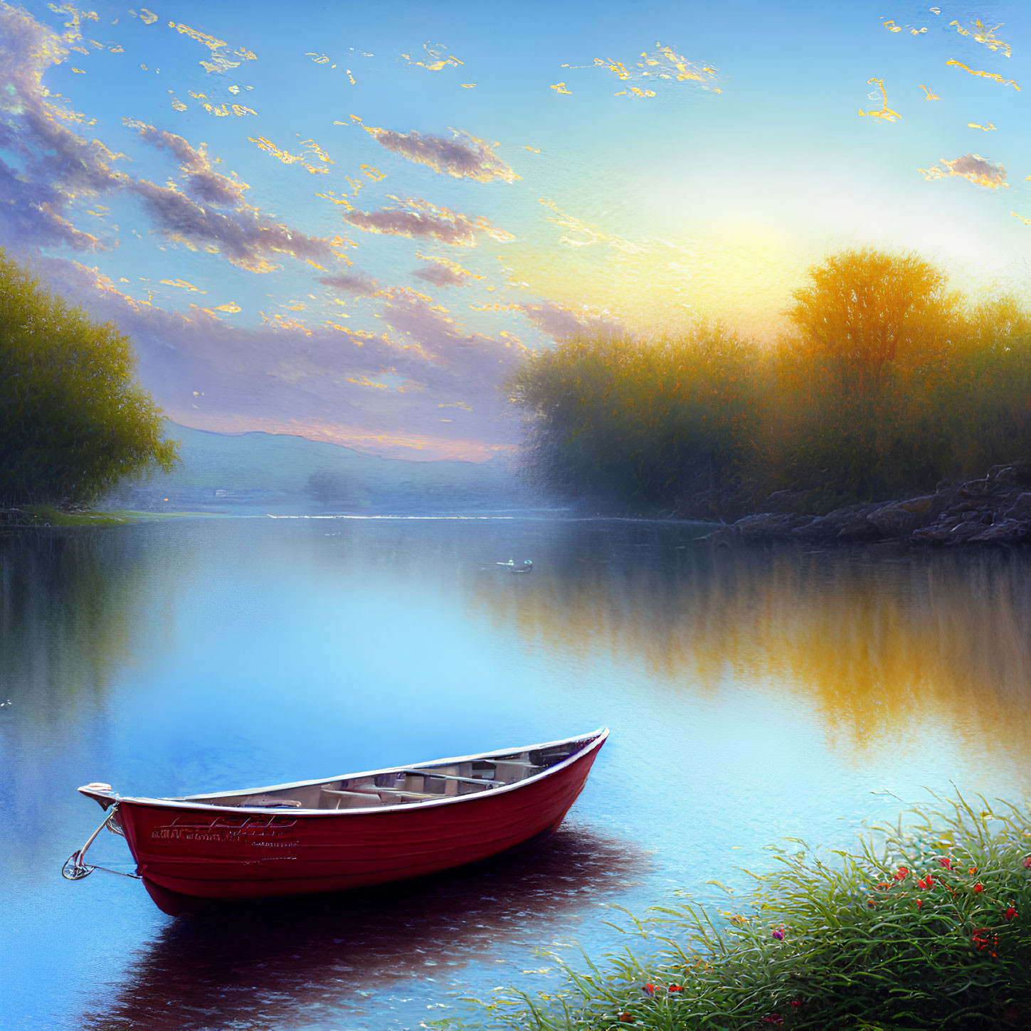 Tranquil sunset river scene with red boat, lush greenery, and vibrant sky