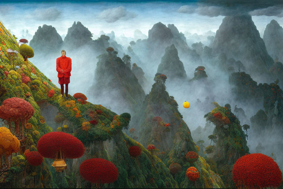 Vibrant oversized mushrooms in surreal landscape with solitary figure