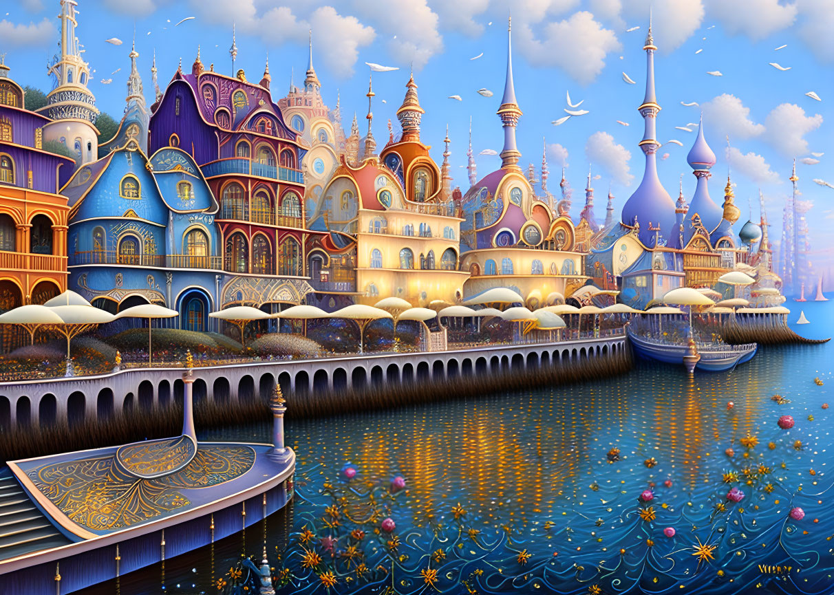 Vibrant cityscape with fantastical buildings and reflective waterfront