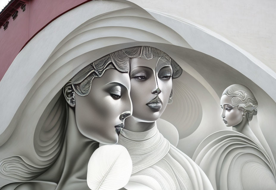 Monochromatic female figures with metallic sheen in stylized setting