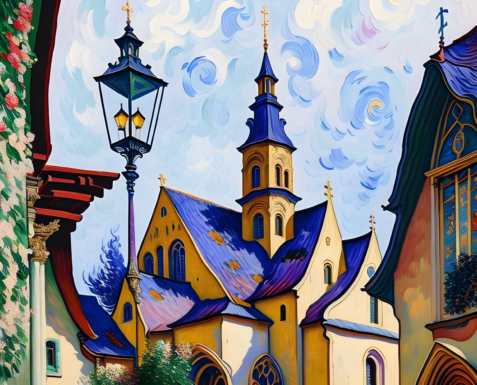 Colorful painting of yellow church, blue roofs, streetlamp, and swirling sky.