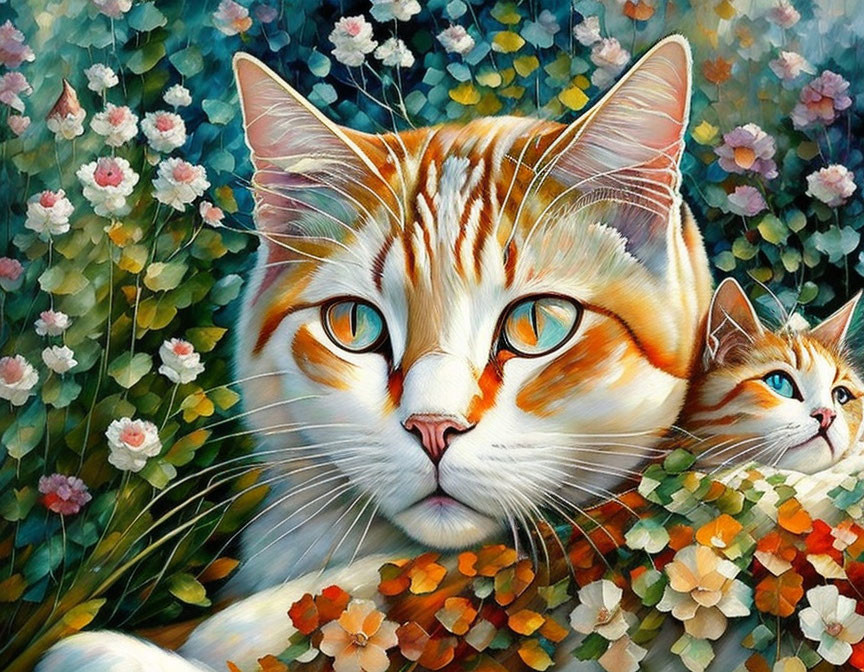 Vibrant cat painting with orange-white fur in floral setting