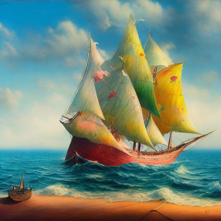 Colorful painting of red sailing ship with yellow sails on blue ocean under cloudy sky