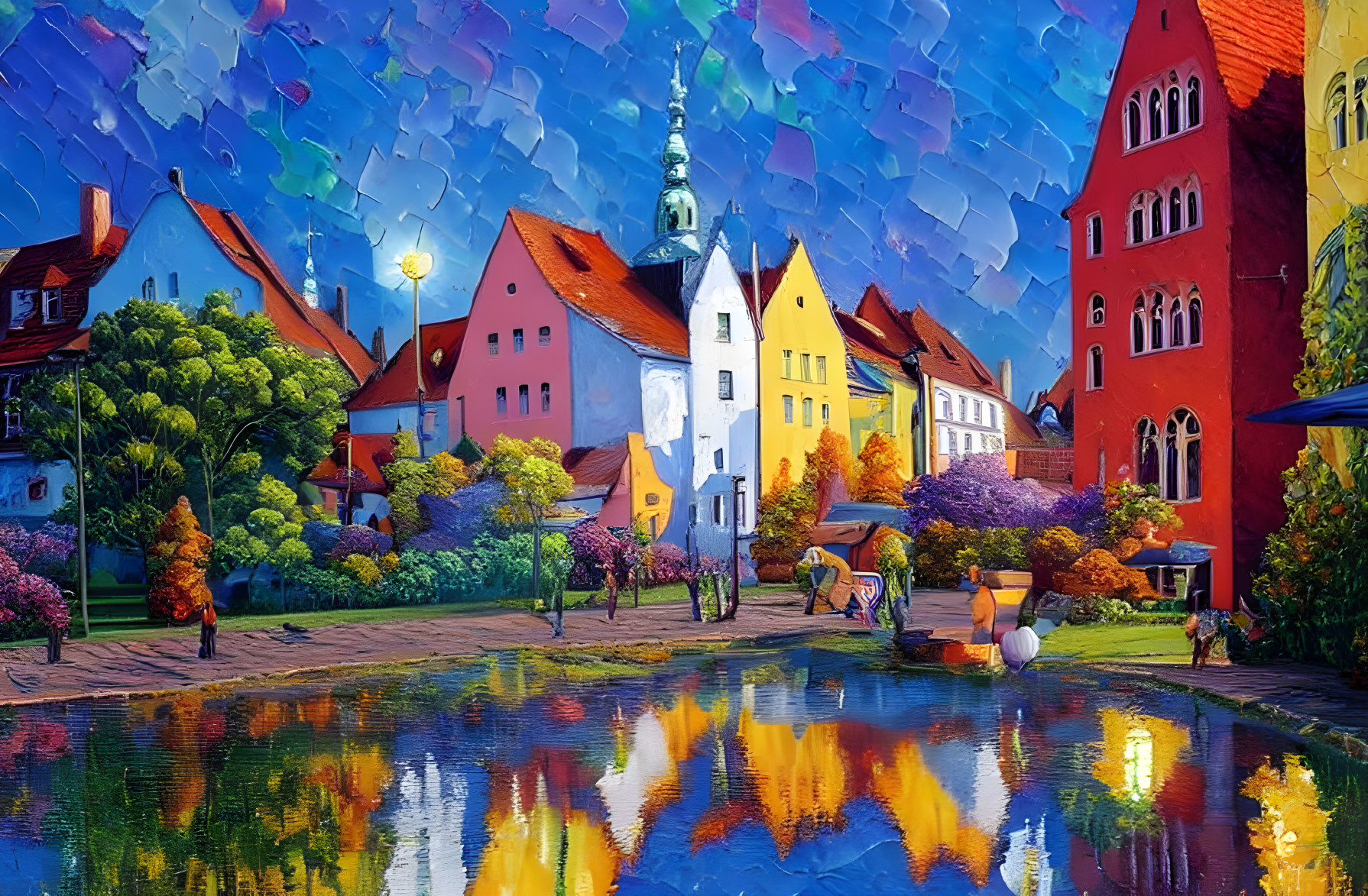 Vibrant European village puzzle with colorful buildings and calm pond