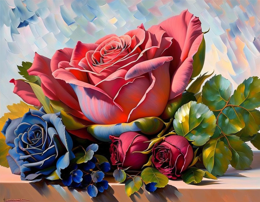 Colorful painting of large pink rose with blue and red roses on abstract background