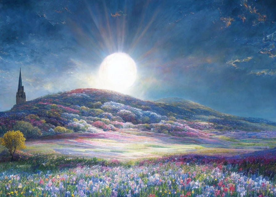 Colorful painting of sunburst over hill with church spire in lush meadow.