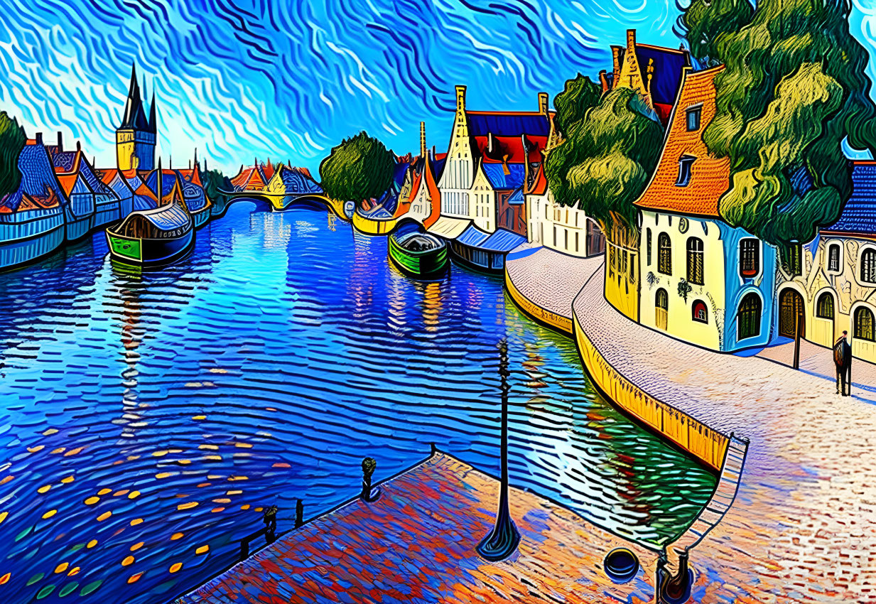 Colorful riverside town painting with swirling skies and animated tree.