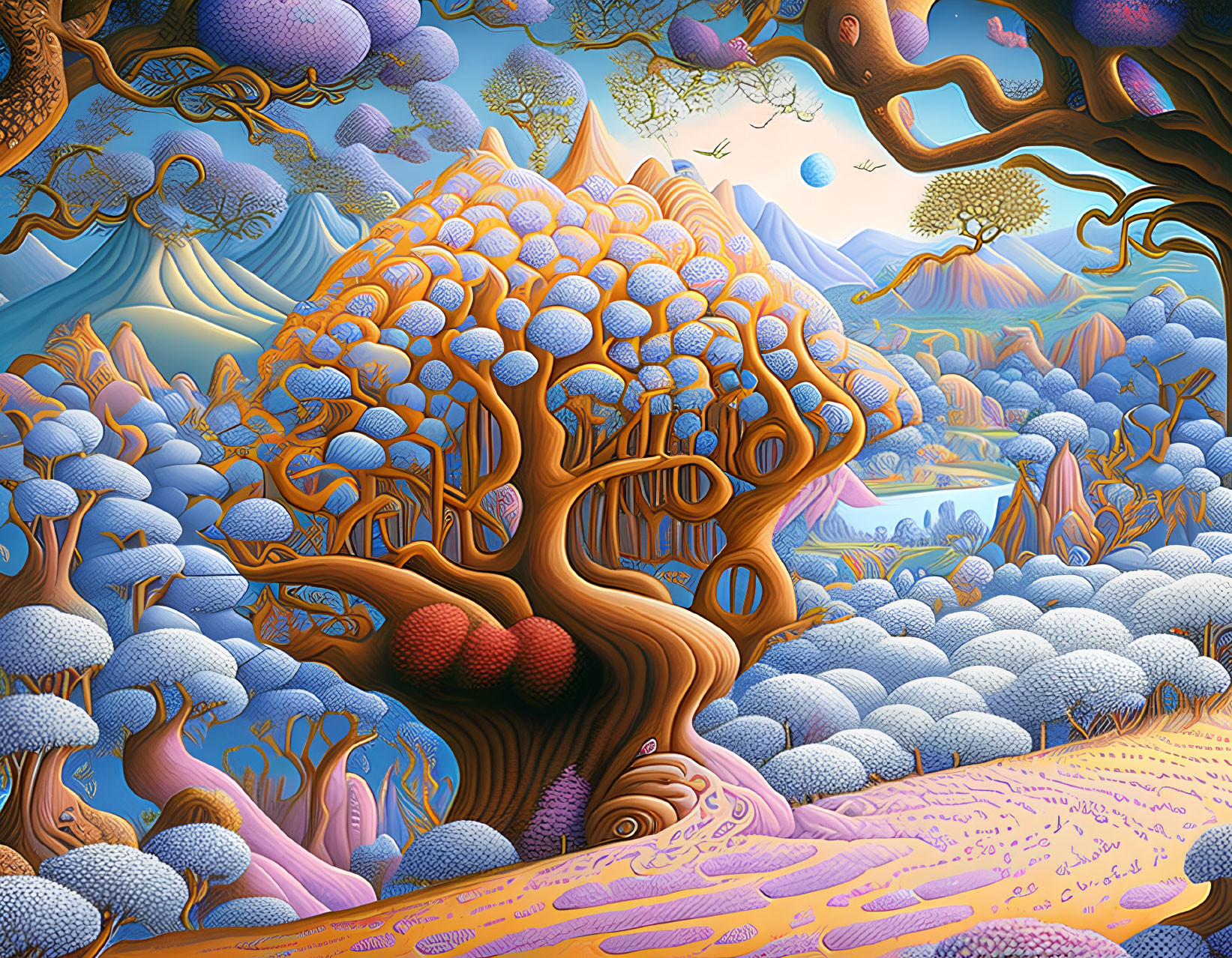 Colorful Surreal Landscape with Stylized Trees and Whimsical Sky