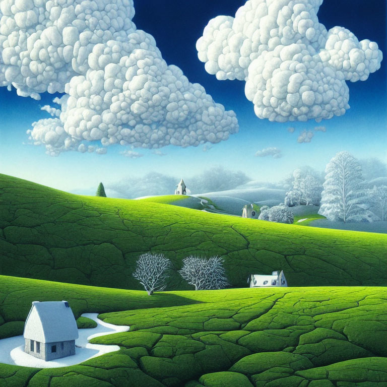 Surreal Landscape with Clouds, Hills, Stream & Houses