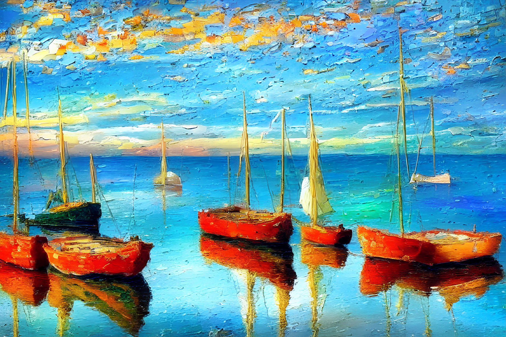 Colorful Oil Painting of Sailboats on Tranquil Water with Cloud-Filled Sky