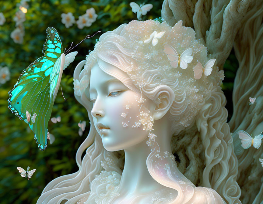 Sculptural woman's face with butterflies in verdant setting