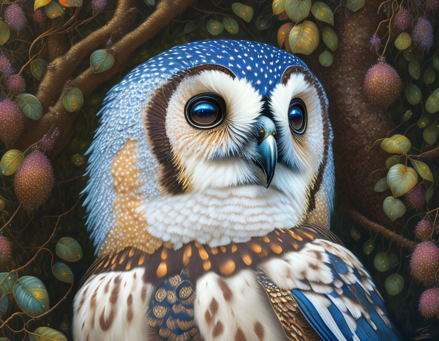 Realistic owl illustration with captivating eyes and detailed plumage on intertwined branches backdrop.