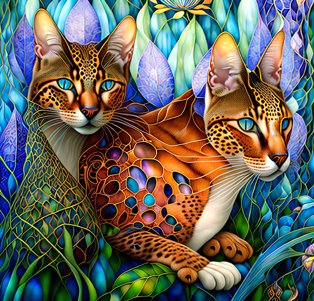 Colorful Stylized Felines on Floral Background with Stained-Glass Effect