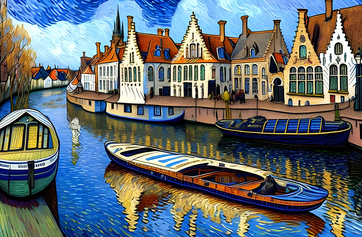 Colorful European Town Canal Illustration with Boats and Houses