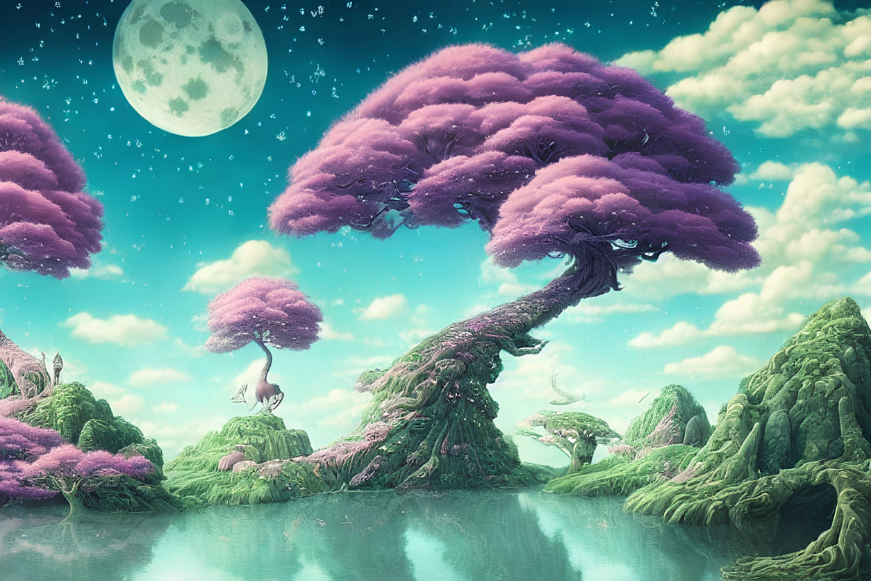 Whimsical landscape with twisted tree, purple foliage, serene lake