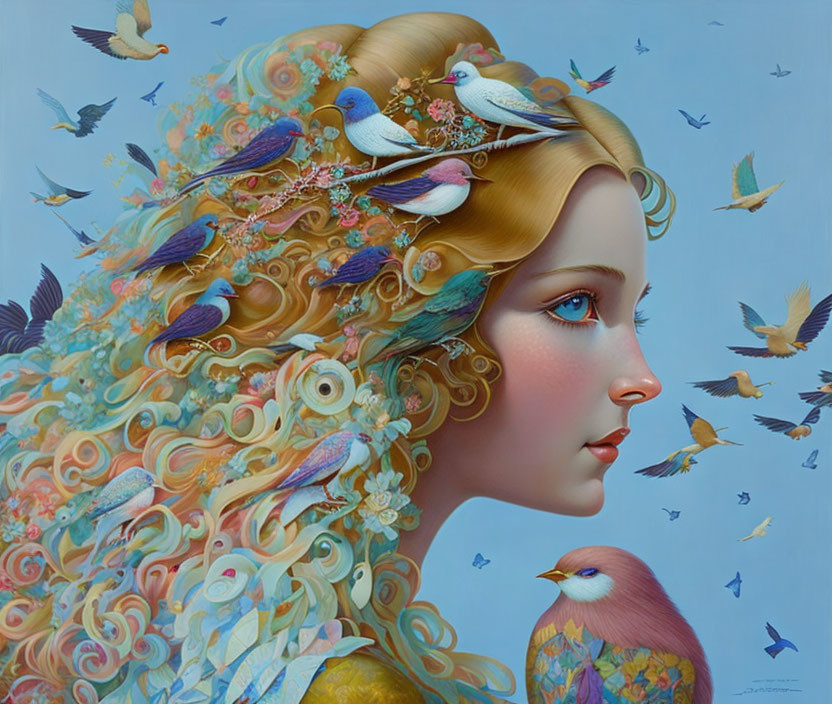 Surreal portrait of woman with birds and floral patterns in flowing hair