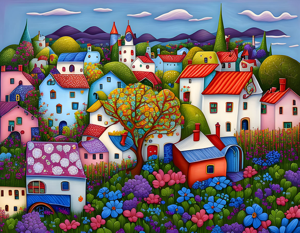 Vibrant village illustration with patterned buildings and lush nature