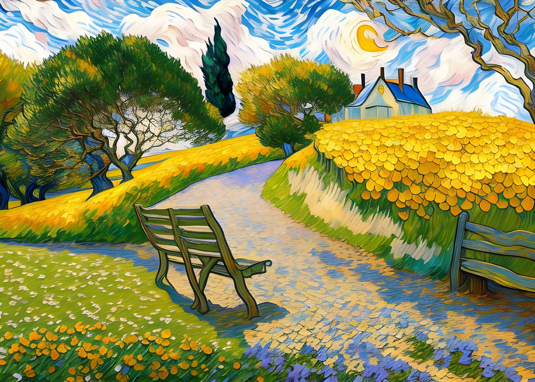 Colorful painting with winding path, bench, blooming trees, house, and crescent moon.