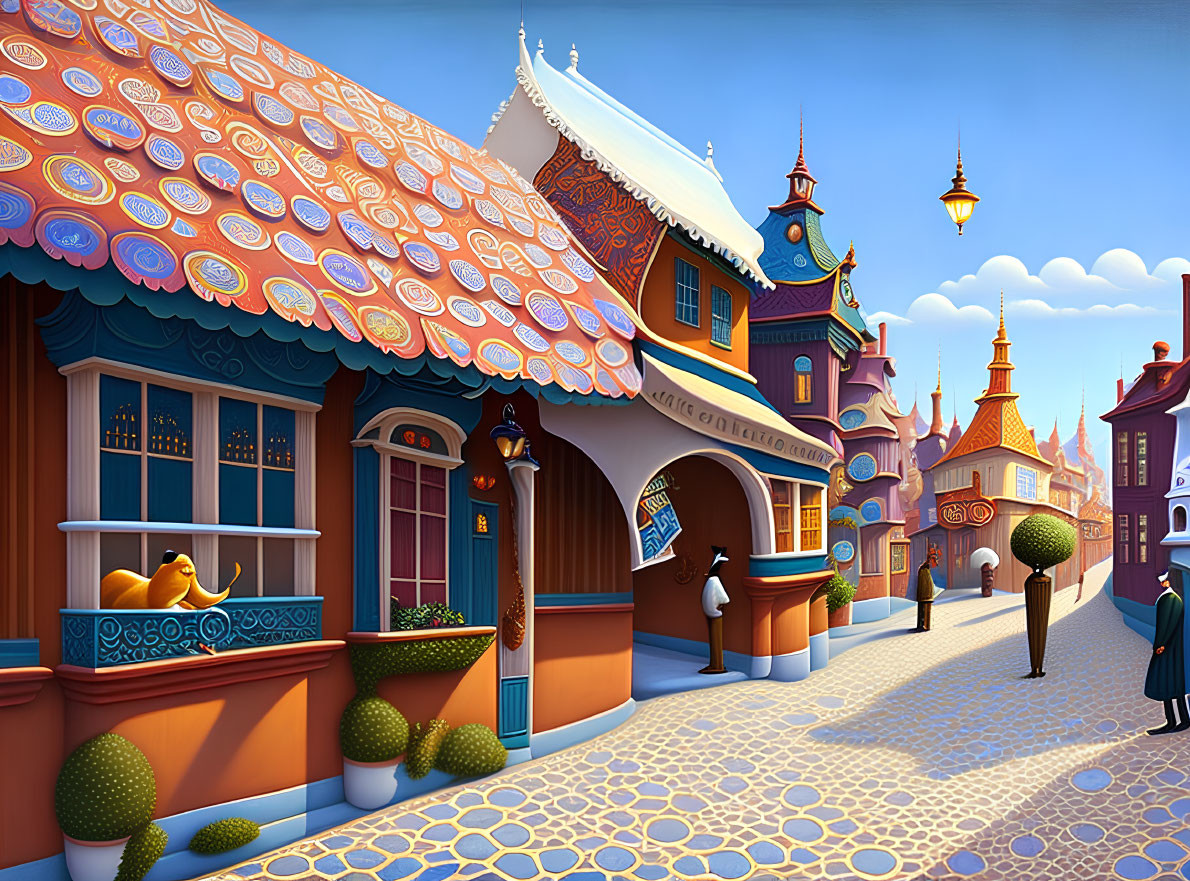 Colorful, ornate buildings on vibrant cobblestone street with enchanted characters