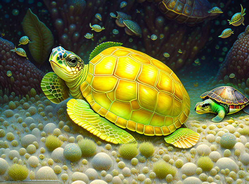 Vibrant sea turtles among coral and fish in clear blue underwater scene