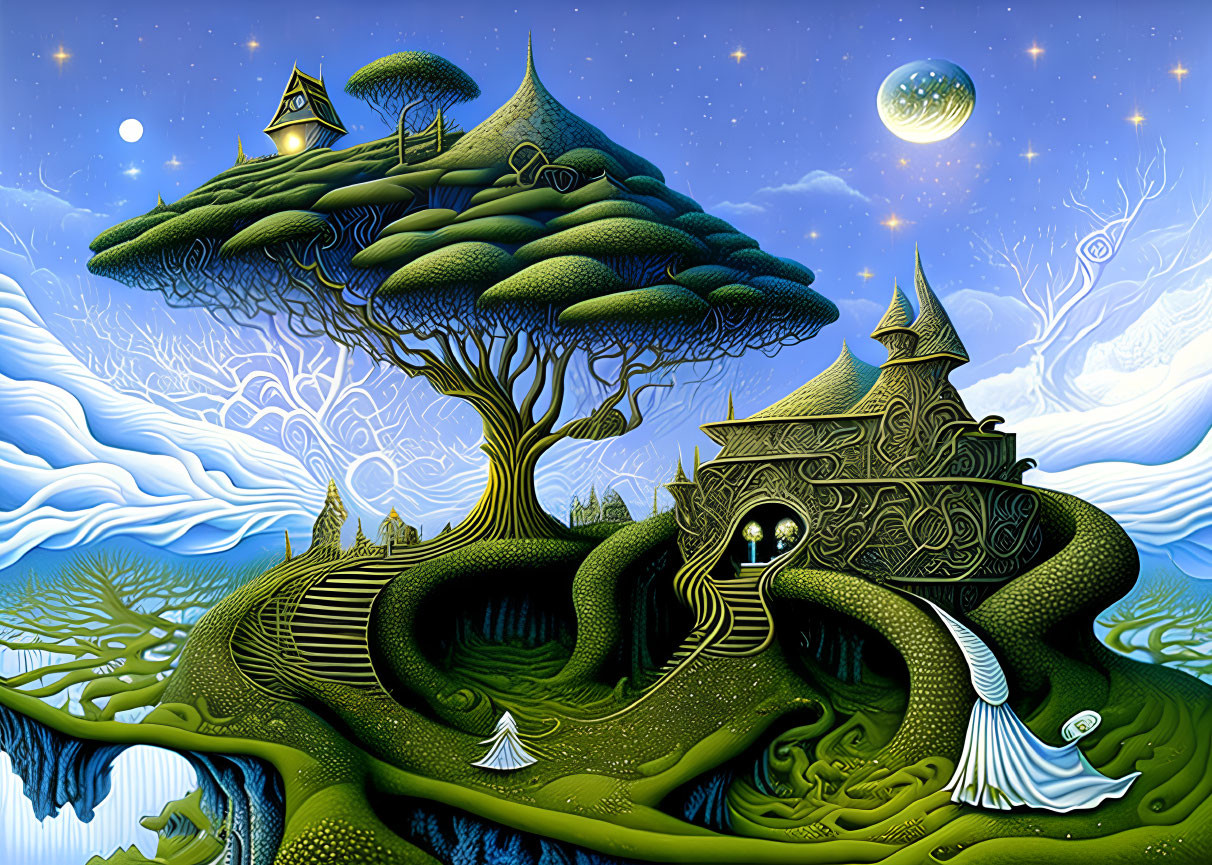 Stylized trees, intricate house, river under starry sky