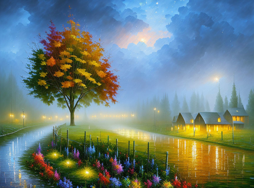 Colorful autumn tree by wet path with flowers and misty, lamp-lit cabins at twilight