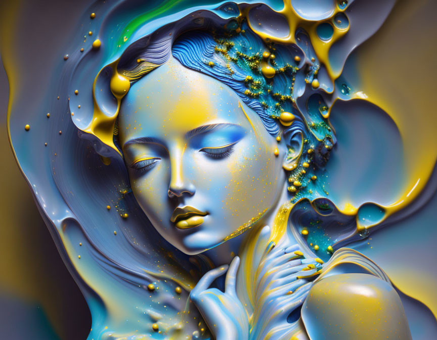 Blue-skinned female figure with gold accents and fluid hair in surreal portrait.