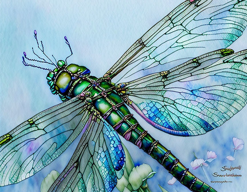 Colorful Dragonfly with Translucent Wings and Floral Background