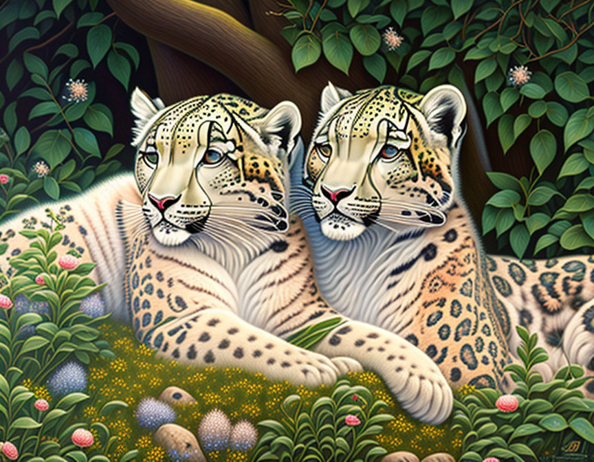 Two white tigers with black and brown spots in lush green foliage and colorful flowers.