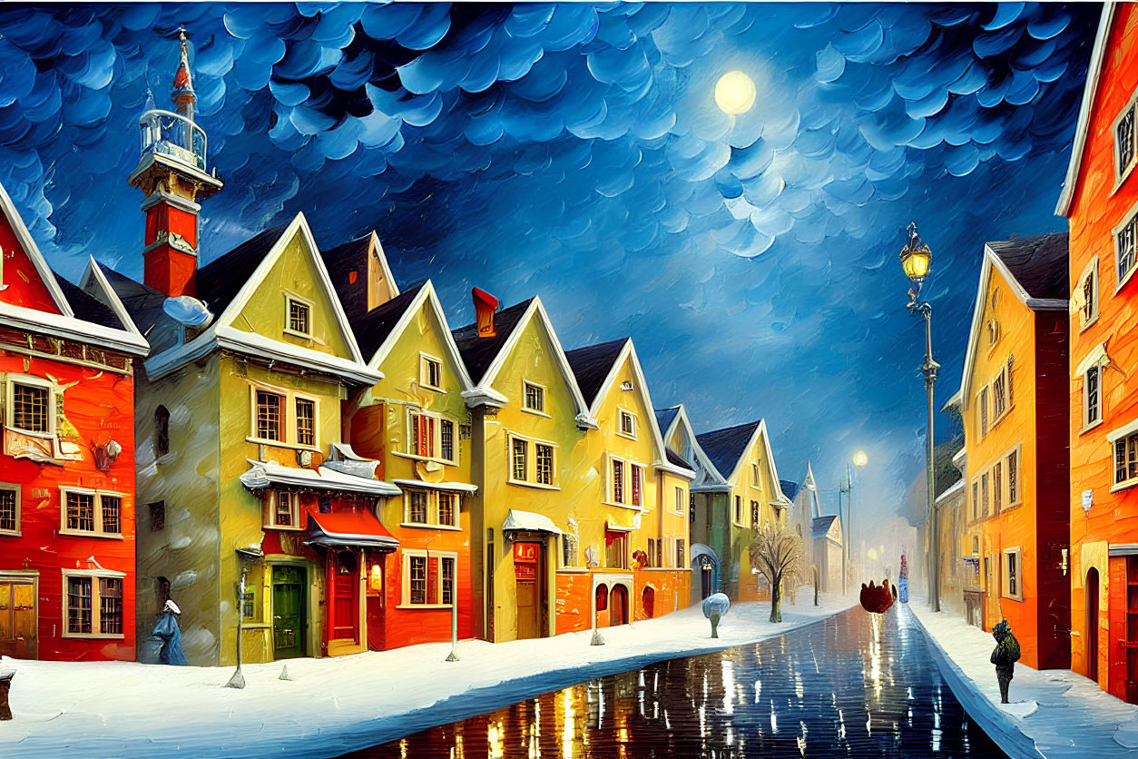 Snowy Street with Colorful Houses and Full Moon Night Sky