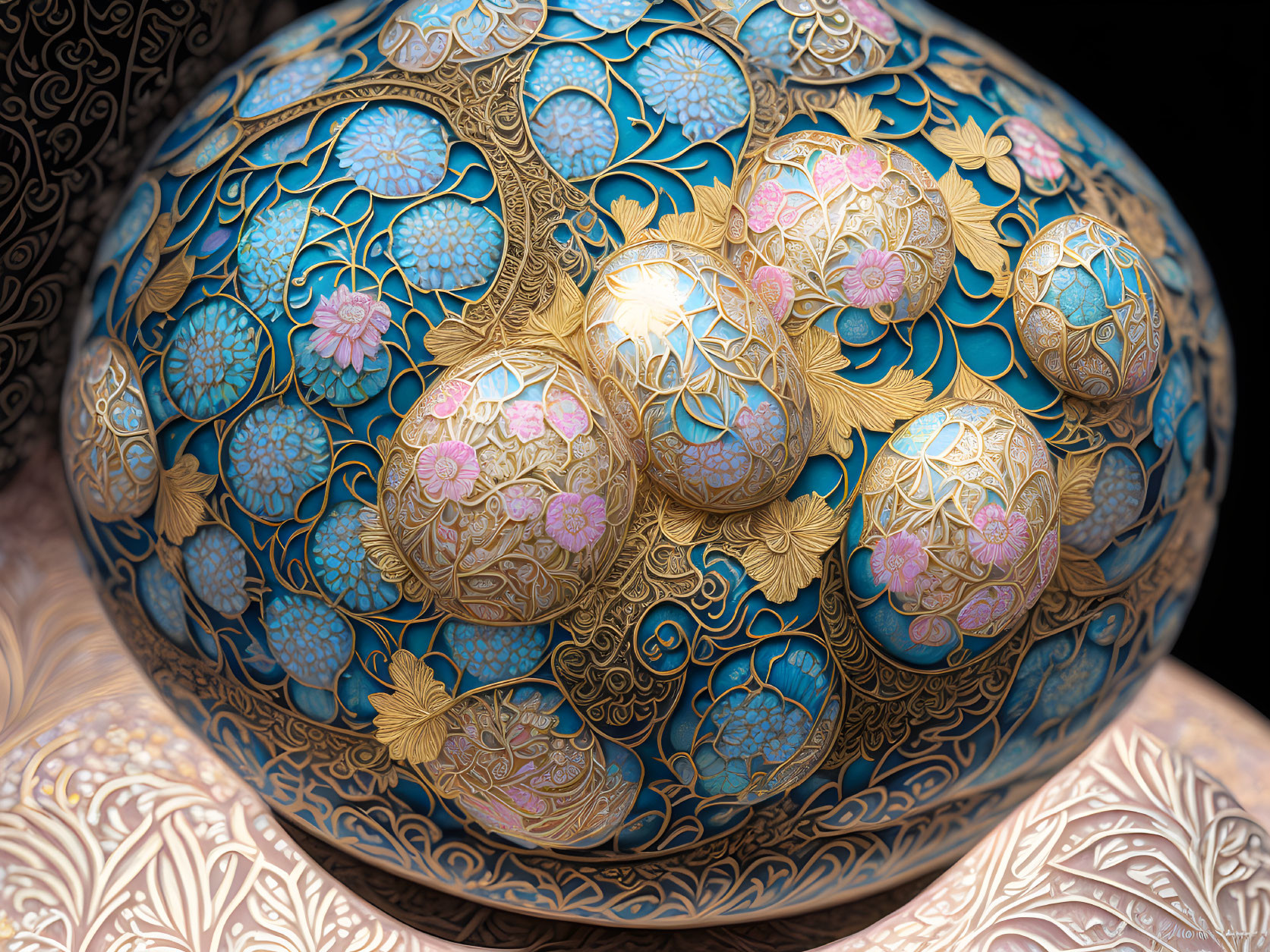 Detailed Close-Up of Blue and Gold Decorated Ornate Egg